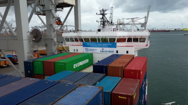 The shortsea container ship Elbsummer is bunkered with biofuel and MGO in the Port of Rotterdam.